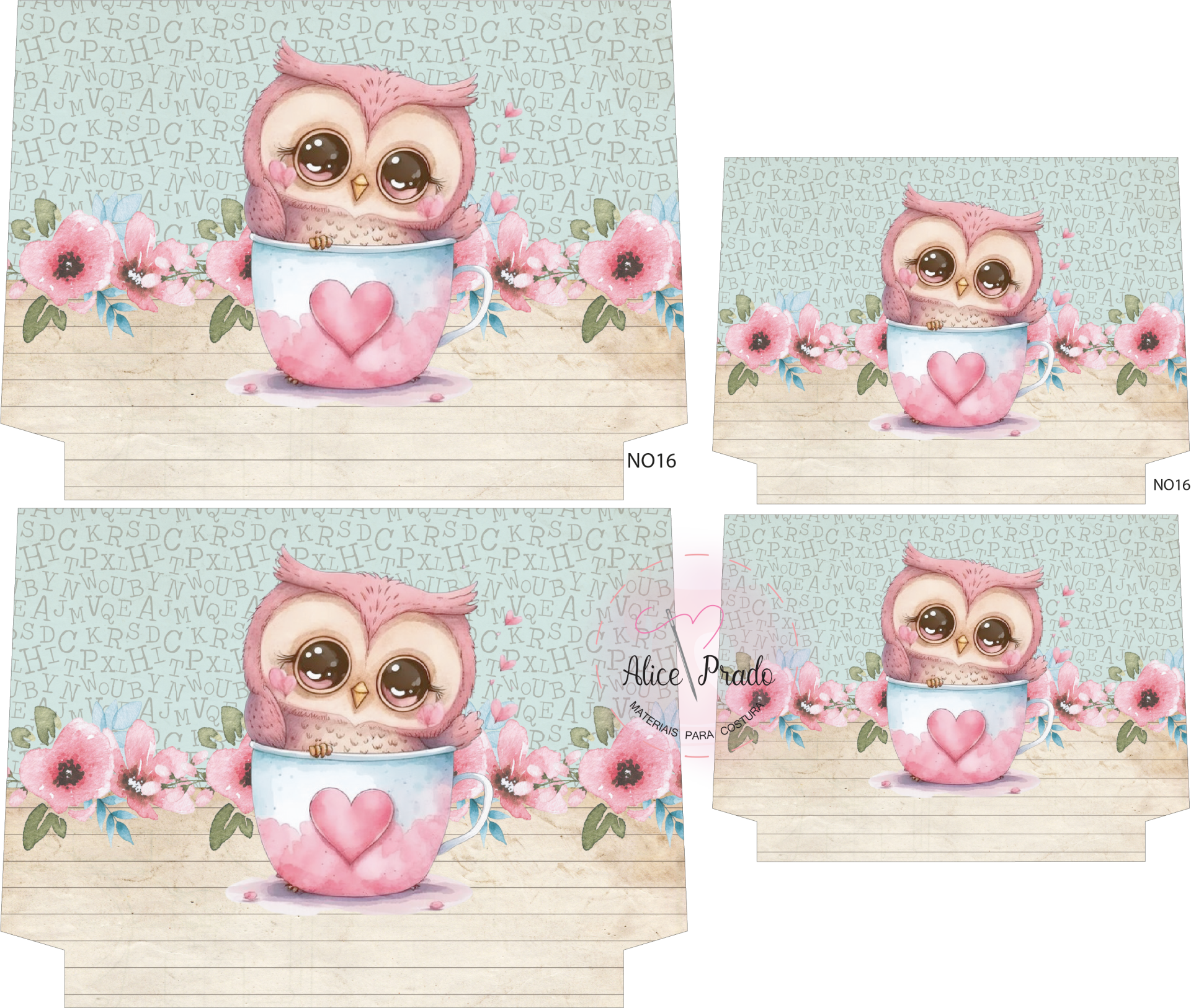 Caixa com desenho de coruja em chávena com coração e flores rosa