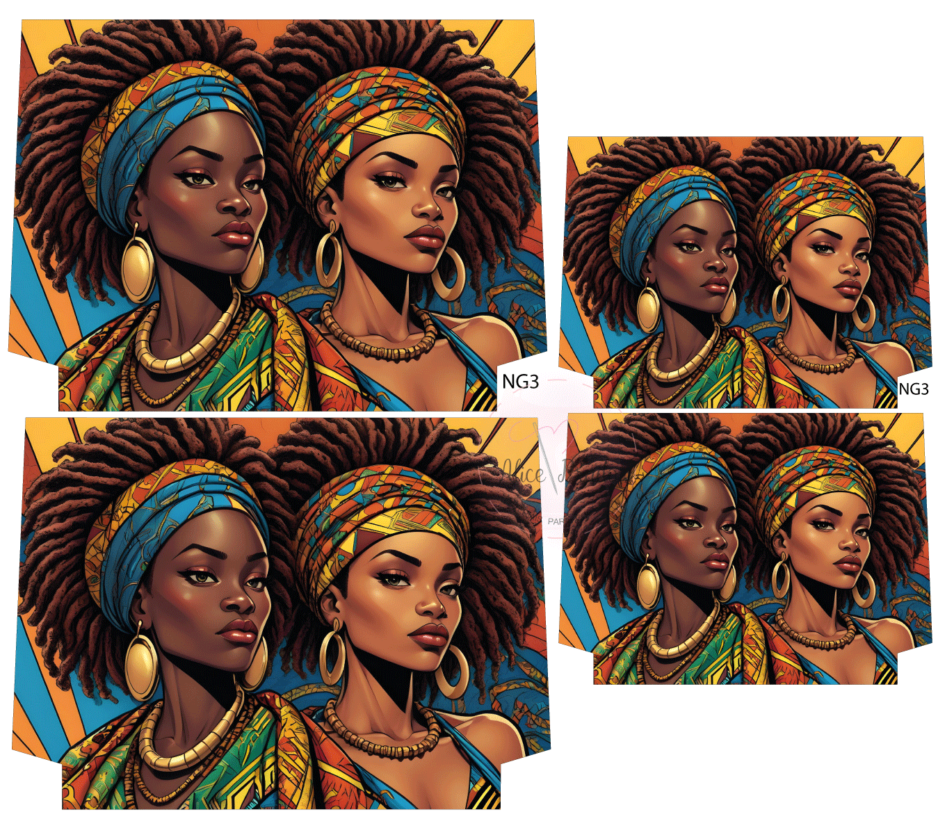 Ilustração de duas mulheres afro com turbantes coloridos e joias douradas sobre fundo geométrico