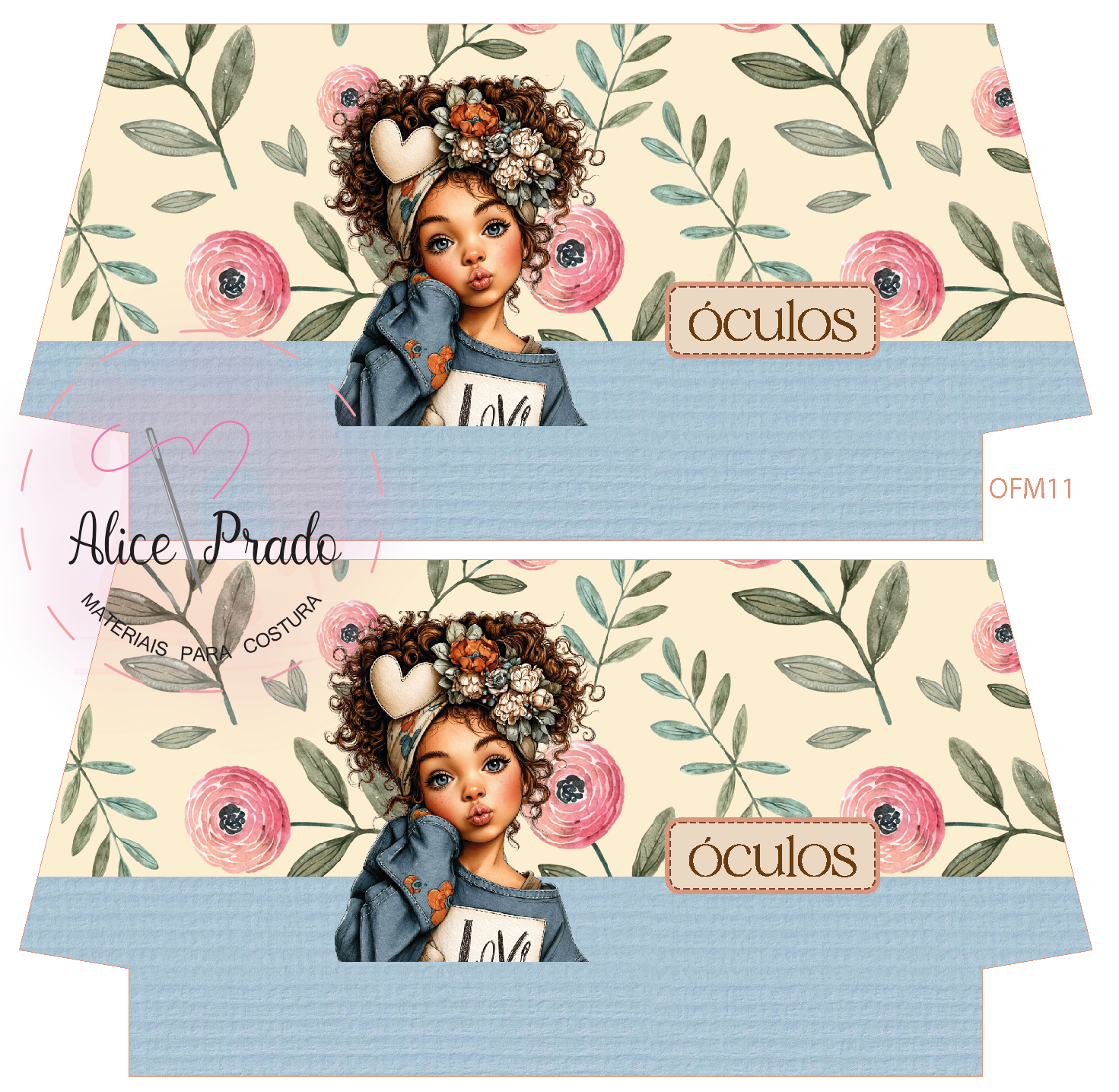 Tecido com padrão ilustrativo de menina e flores para costura com texto óculos.