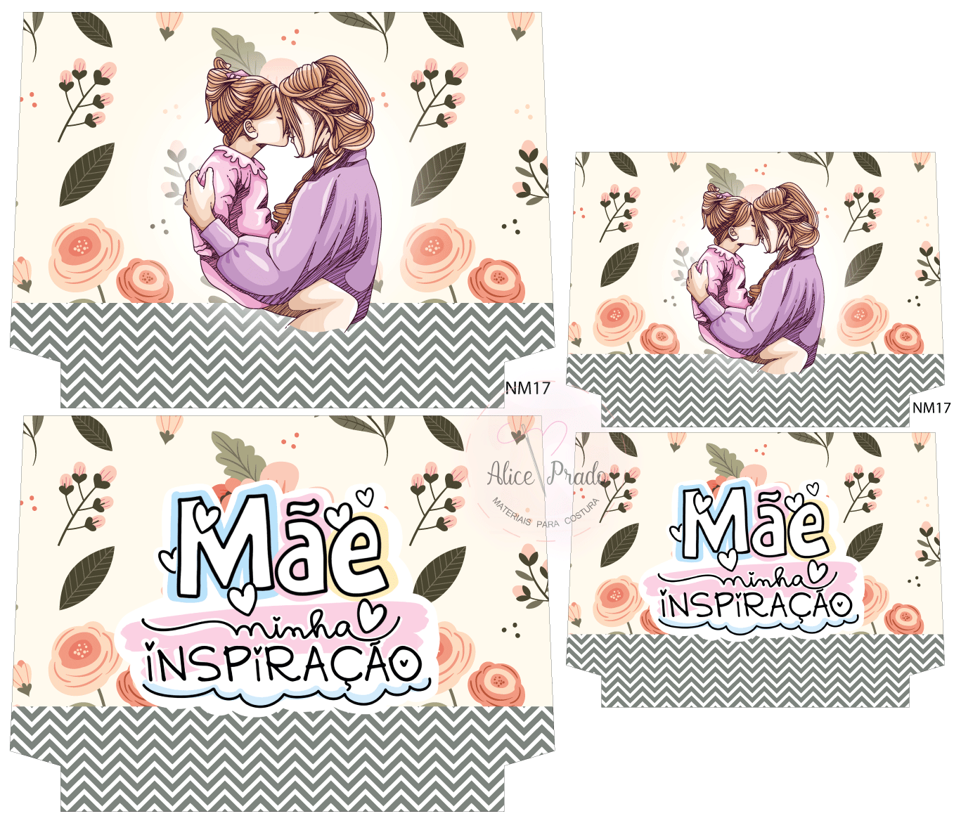 Ilustração de mãe e filho com fundo floral e texto inspirador