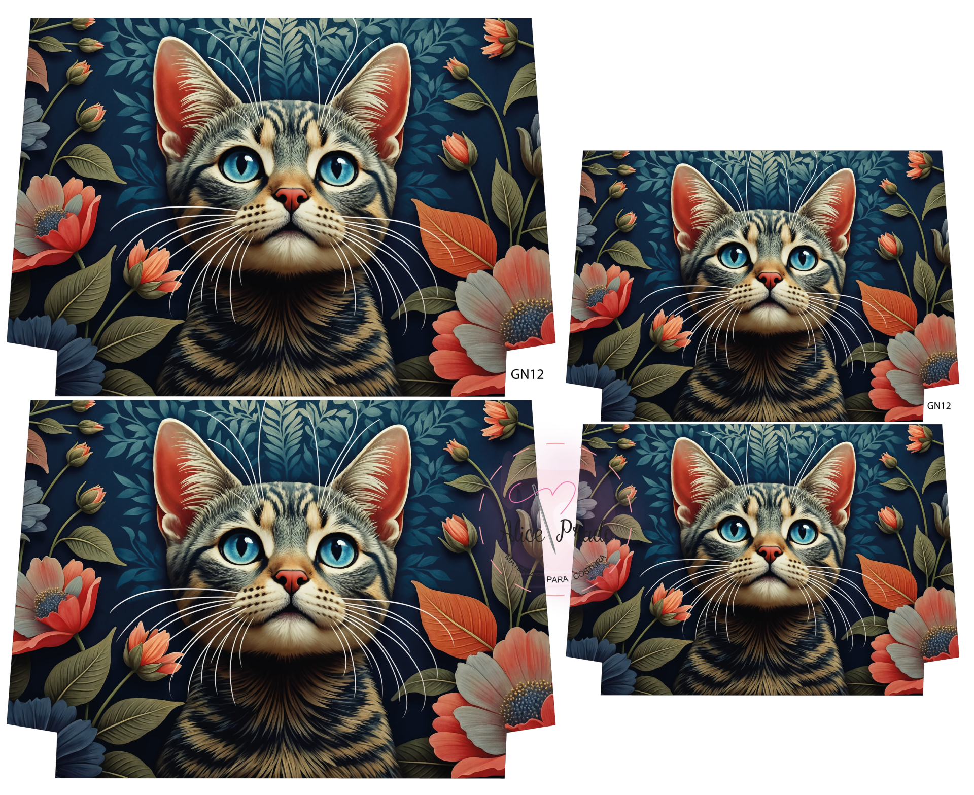 tecidos estampados com gato de olhos azuis e flores coloridas em fundo azul
