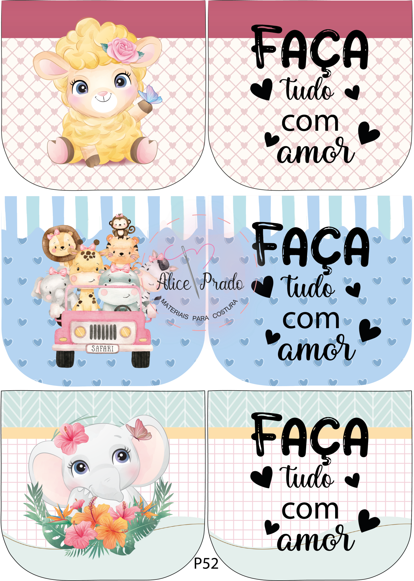 Três estampas infantis com animais e a frase 'FAÇA tudo com amor' em fundo decorado.