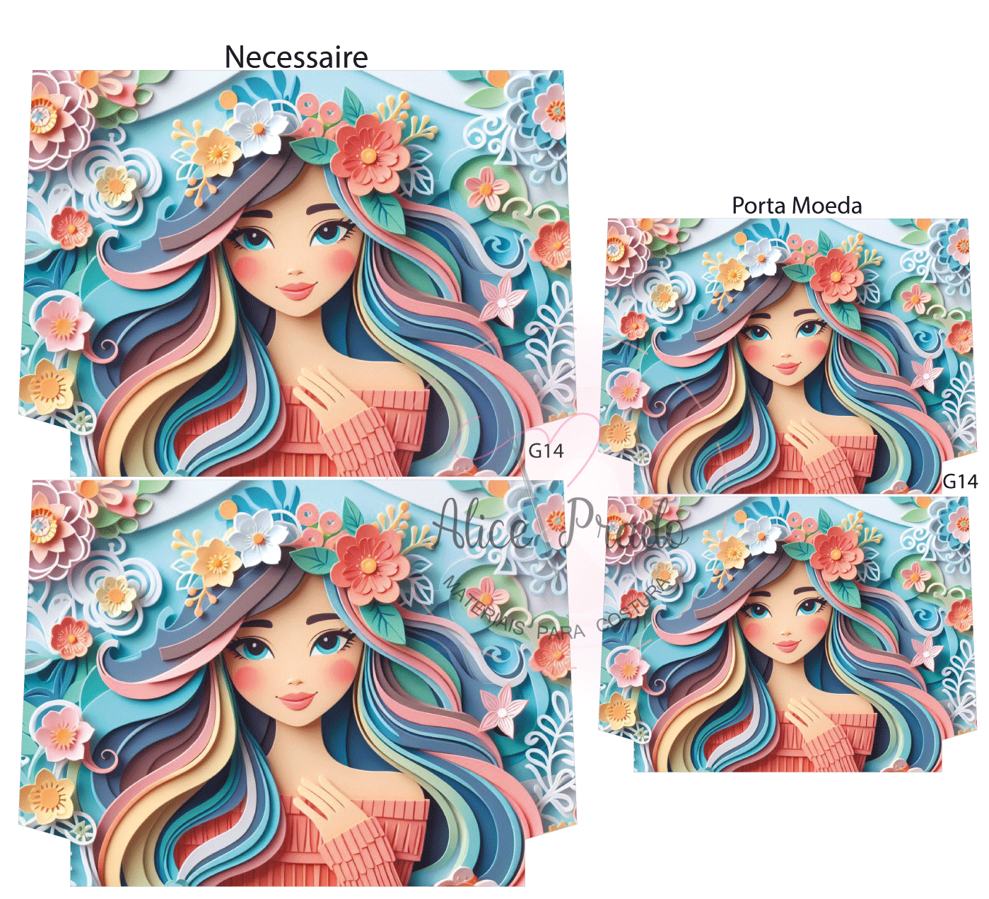 Necessaire e porta moeda com estampa de menina e flores coloridas 3D num fundo azul claro.