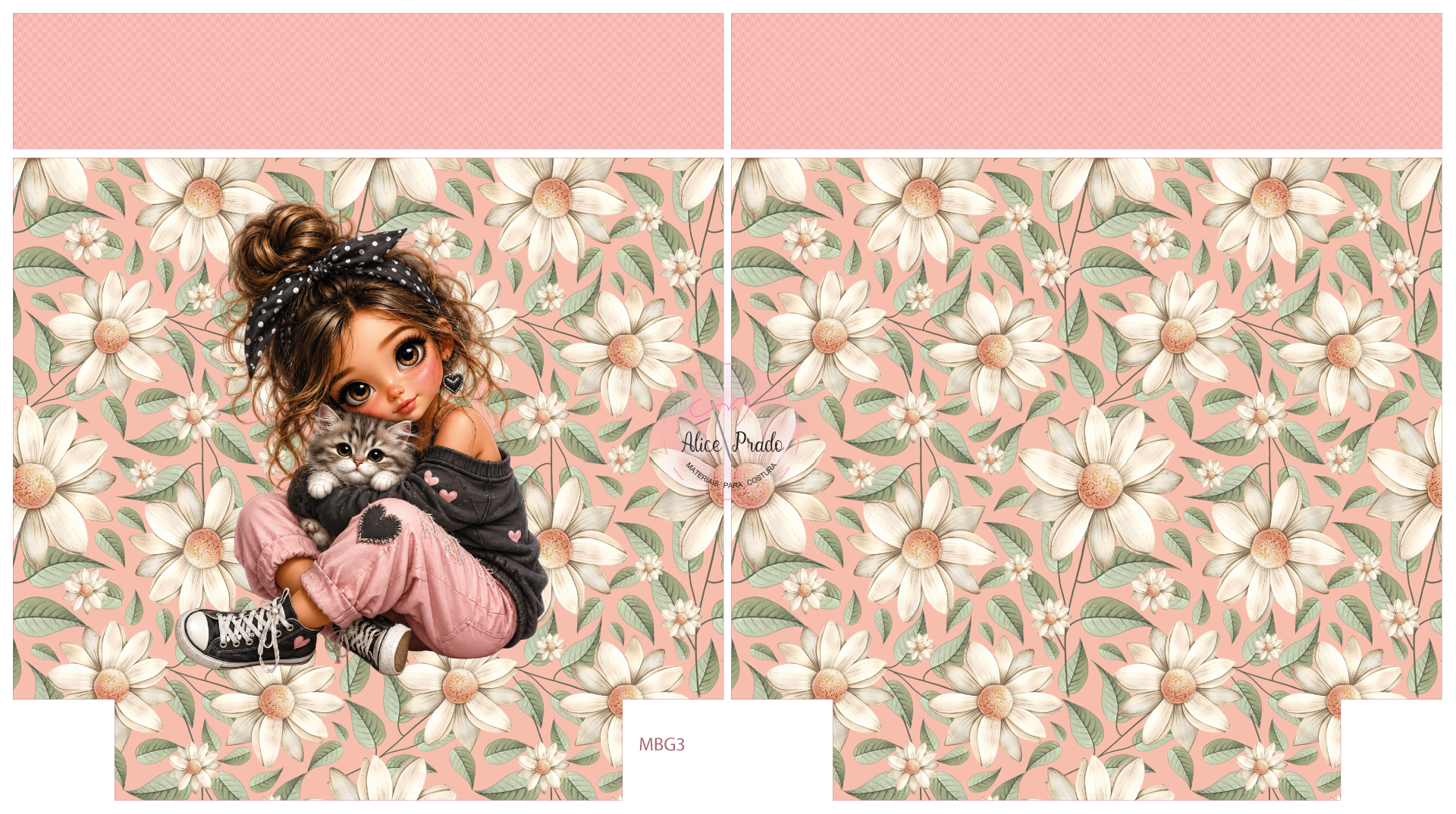 Padrão floral com ilustração de menina e gato