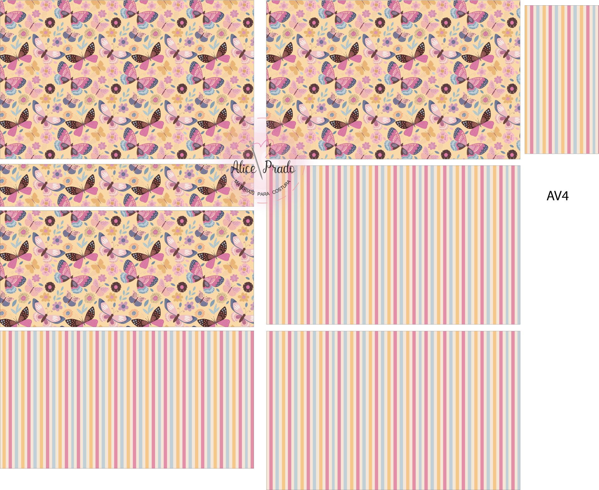 tecidos com padrão de borboletas coloridas e riscas verticais coloridas
