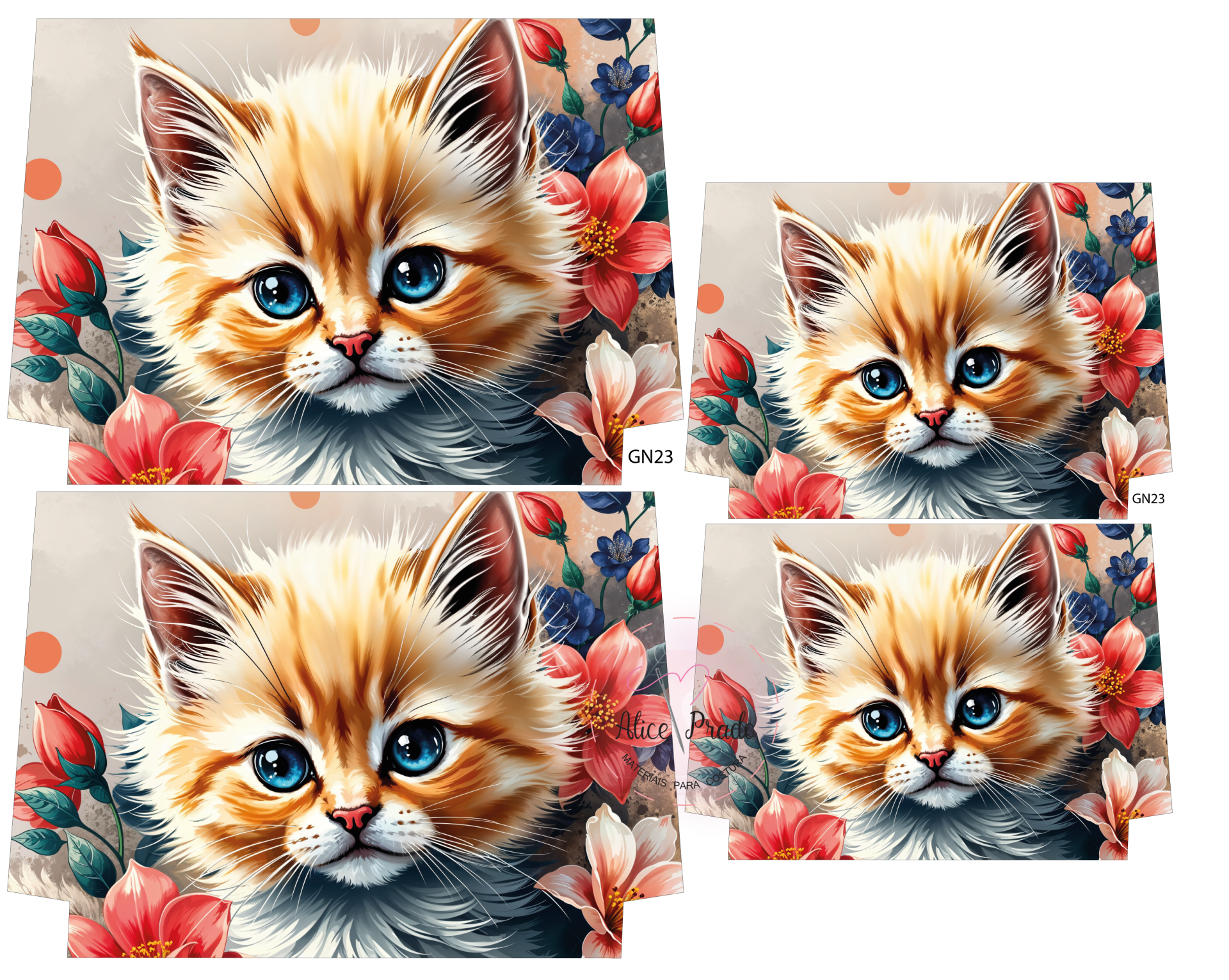 Rosto de gato e flores coloridas em fundo bege