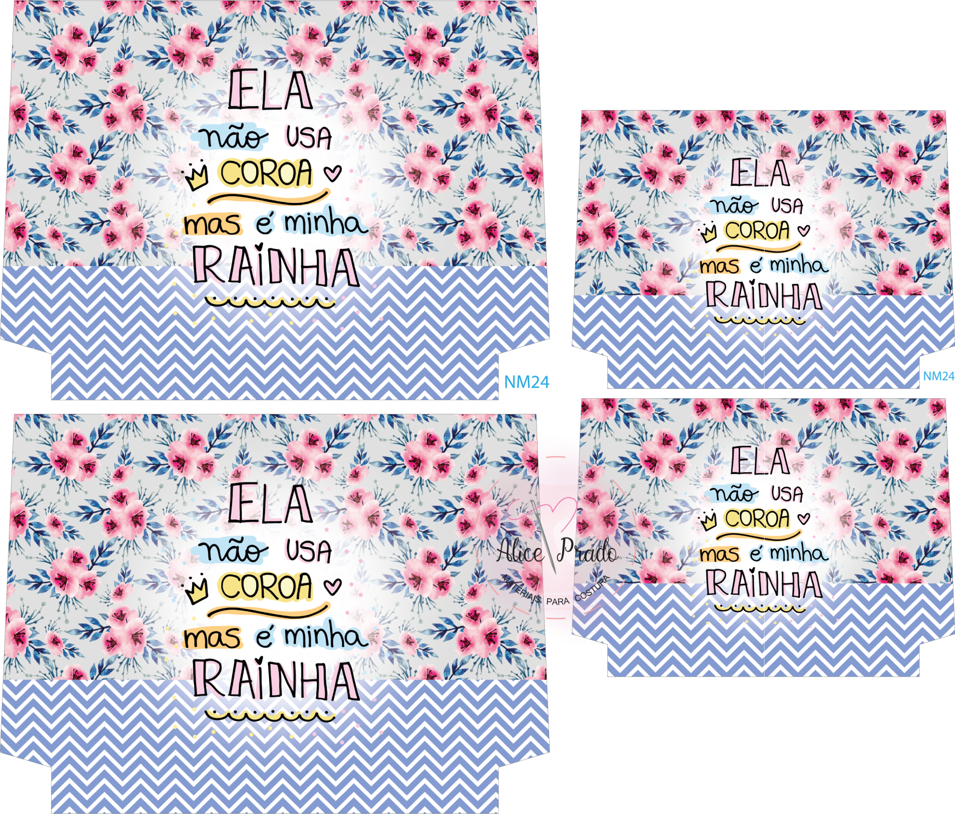 Papelaria com padrão floral rosa e azul e frase em português sobre rainha