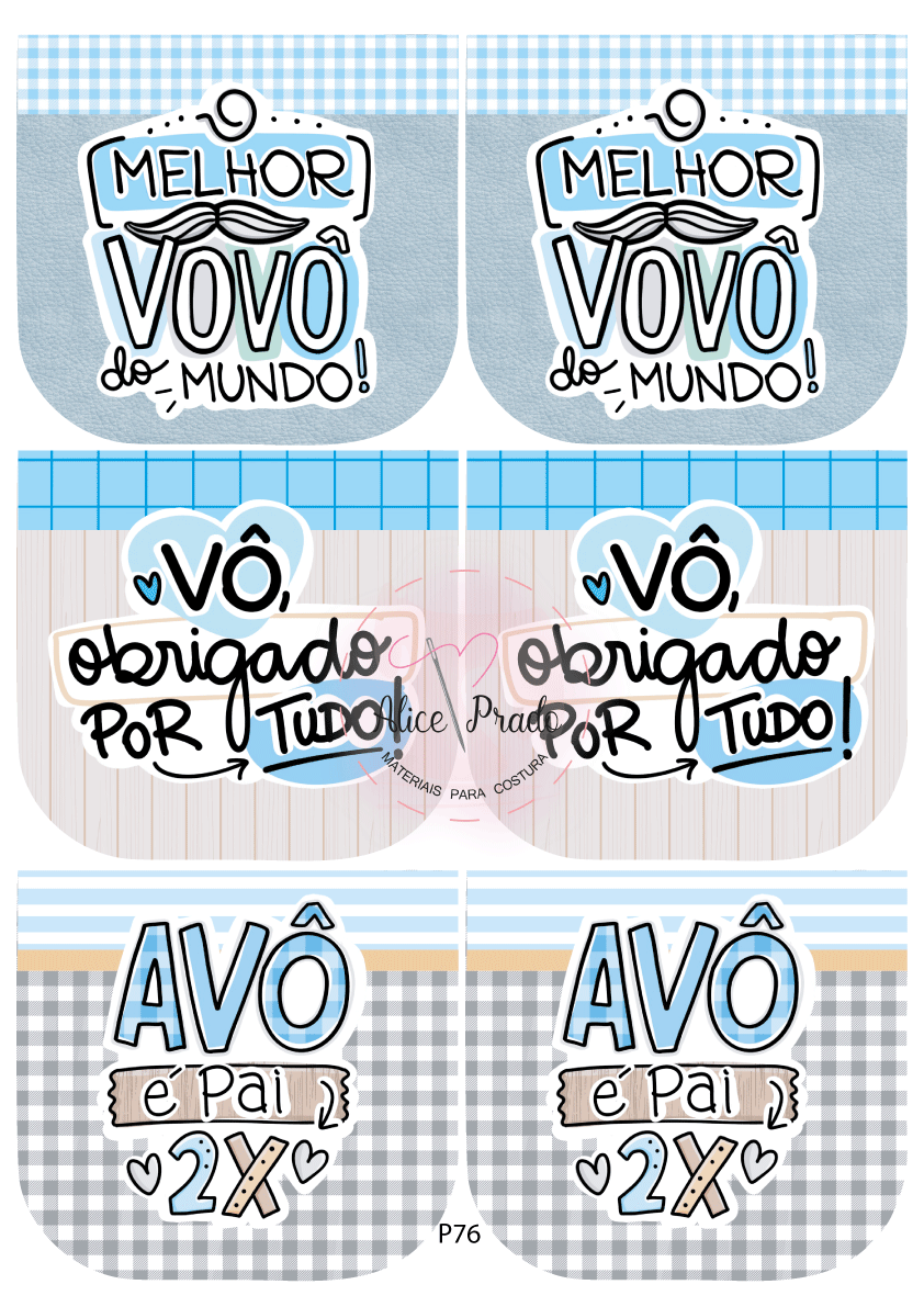 Seis bolsinhas xadrez com frases para avô em português.