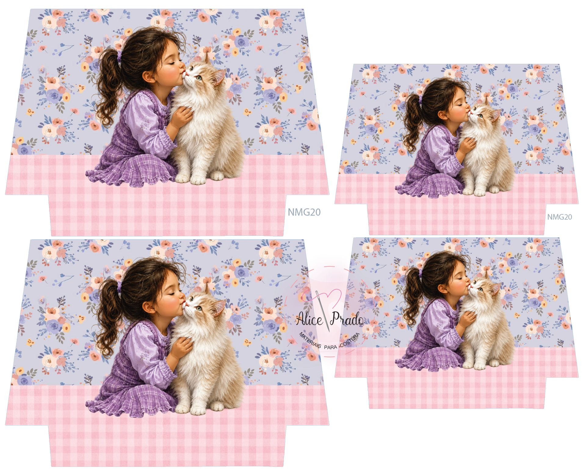 menina a beijar gato branco com fundo floral lilás e base quadriculada rosa