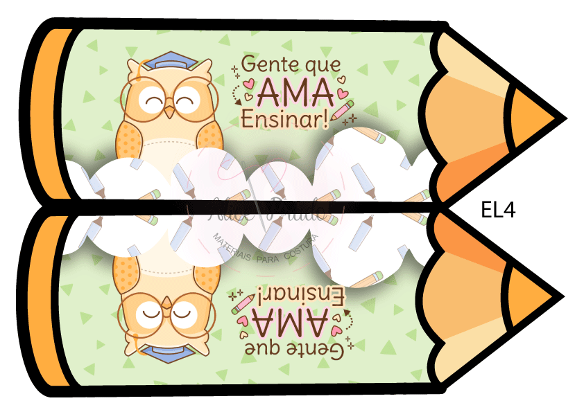 Marcador de livros em formato de lápis com coruja e texto em português