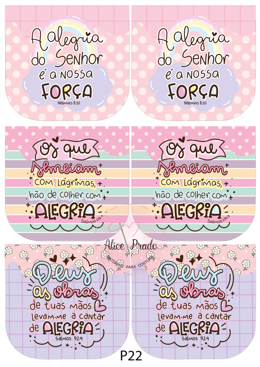 Etiquetas coloridas com frases religiosas em português e padrões infantis pastel.