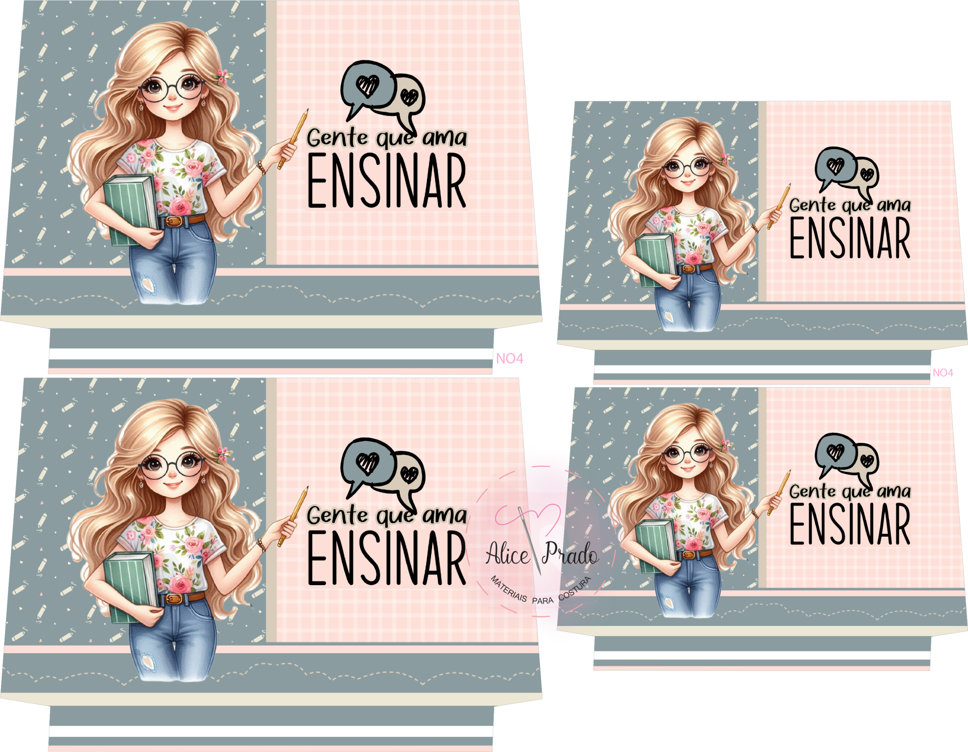 Canecas com desenho de mulher loira com livros e texto GENTE QUE AMA ENSINAR