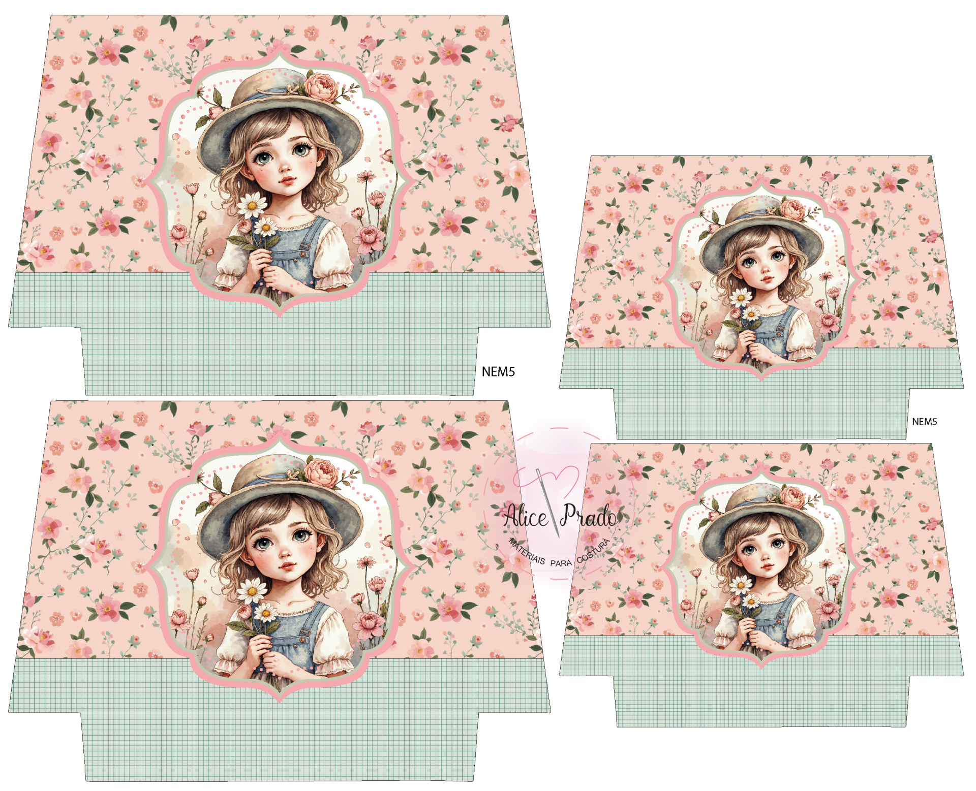 Caixas de papel com estampa floral e ilustração de menina com flores