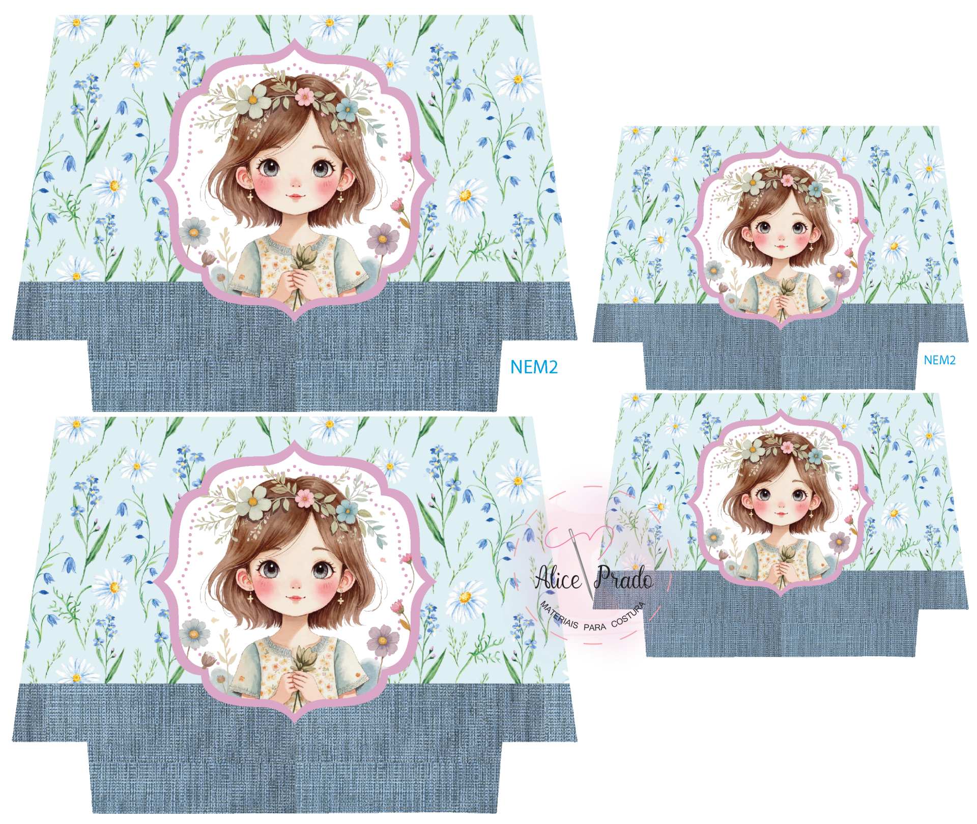 Moldes para caixa de papel com padrão floral azul e ilustração de menina com coroa de flores.