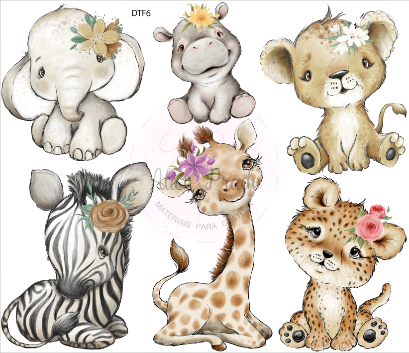 Ilustração de cinco animais bebés com flores e texto MATERIAIS PARA