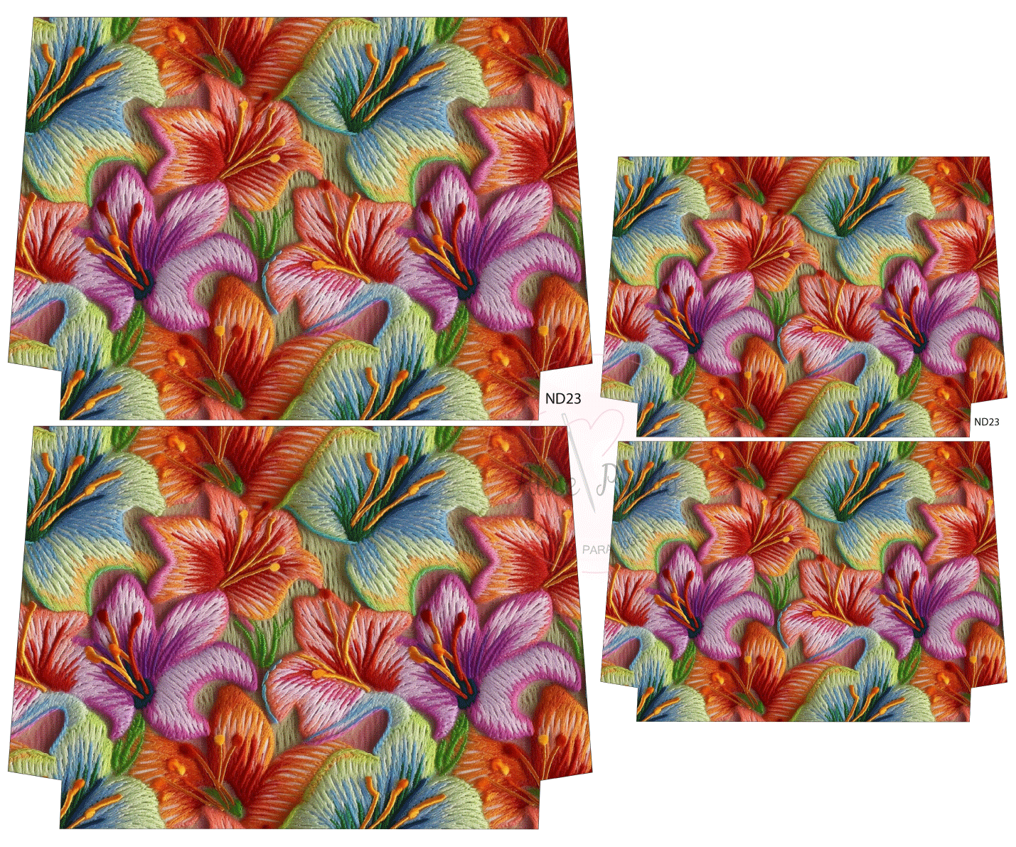 Quatro tecidos florais coloridos com etiqueta ND23 sobre fundo branco