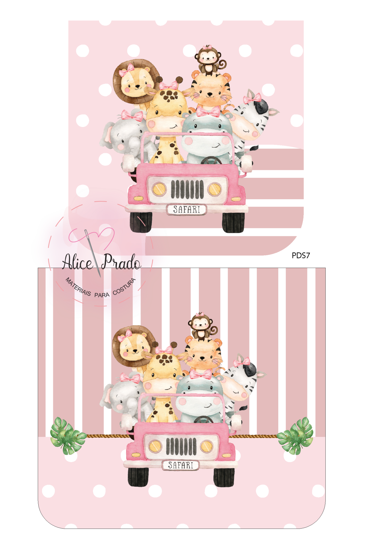 Ilustração animais de desenho animado num carro rosa com fundo rosa às bolinhas e riscas