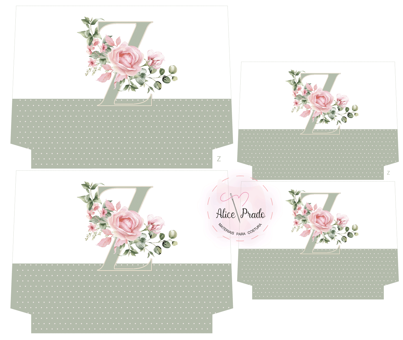 Embalagens de papel com padrão floral e letra Z grande, design em cinza e rosa