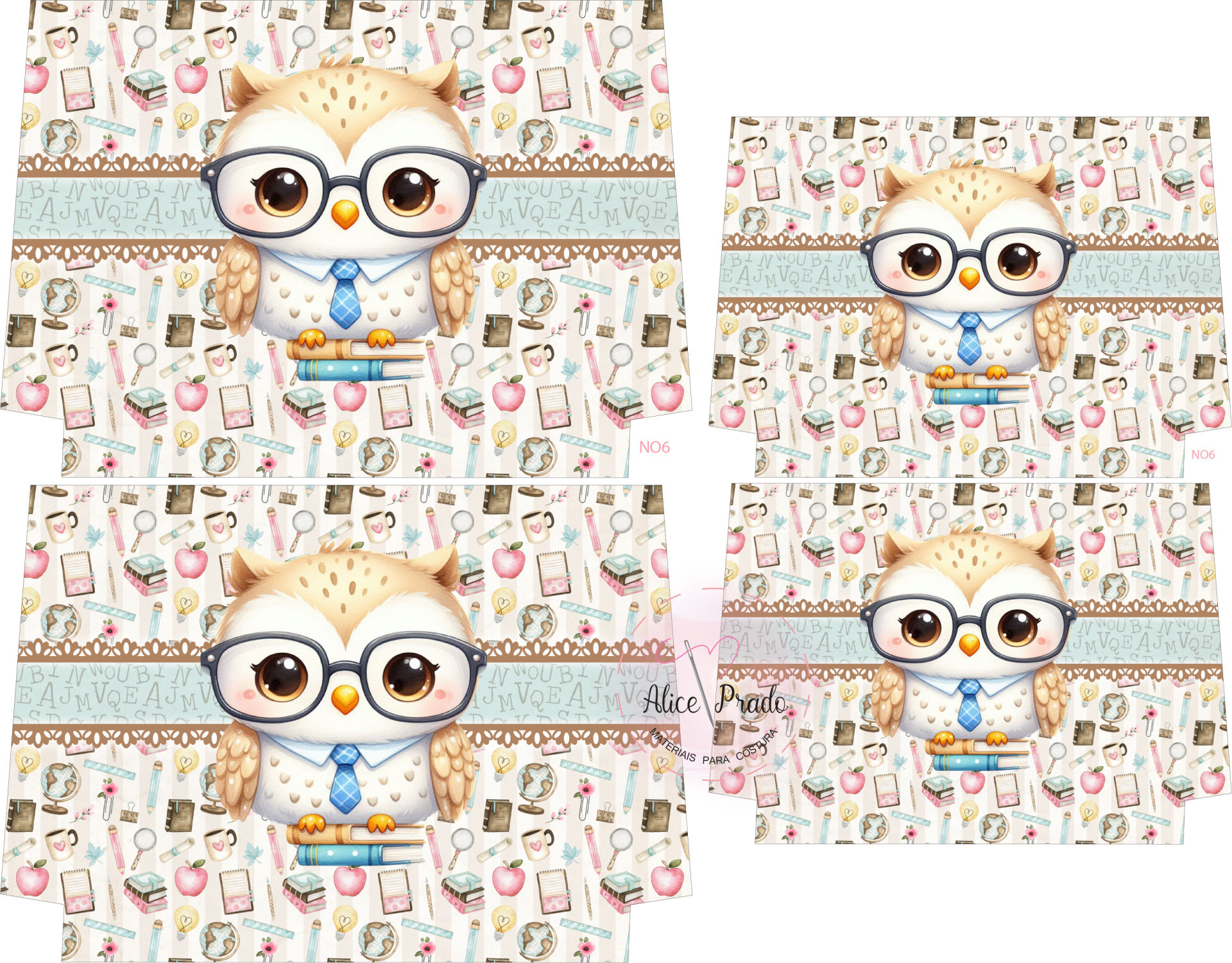 Sacos com estampa de coruja de óculos e itens escolares coloridos.
