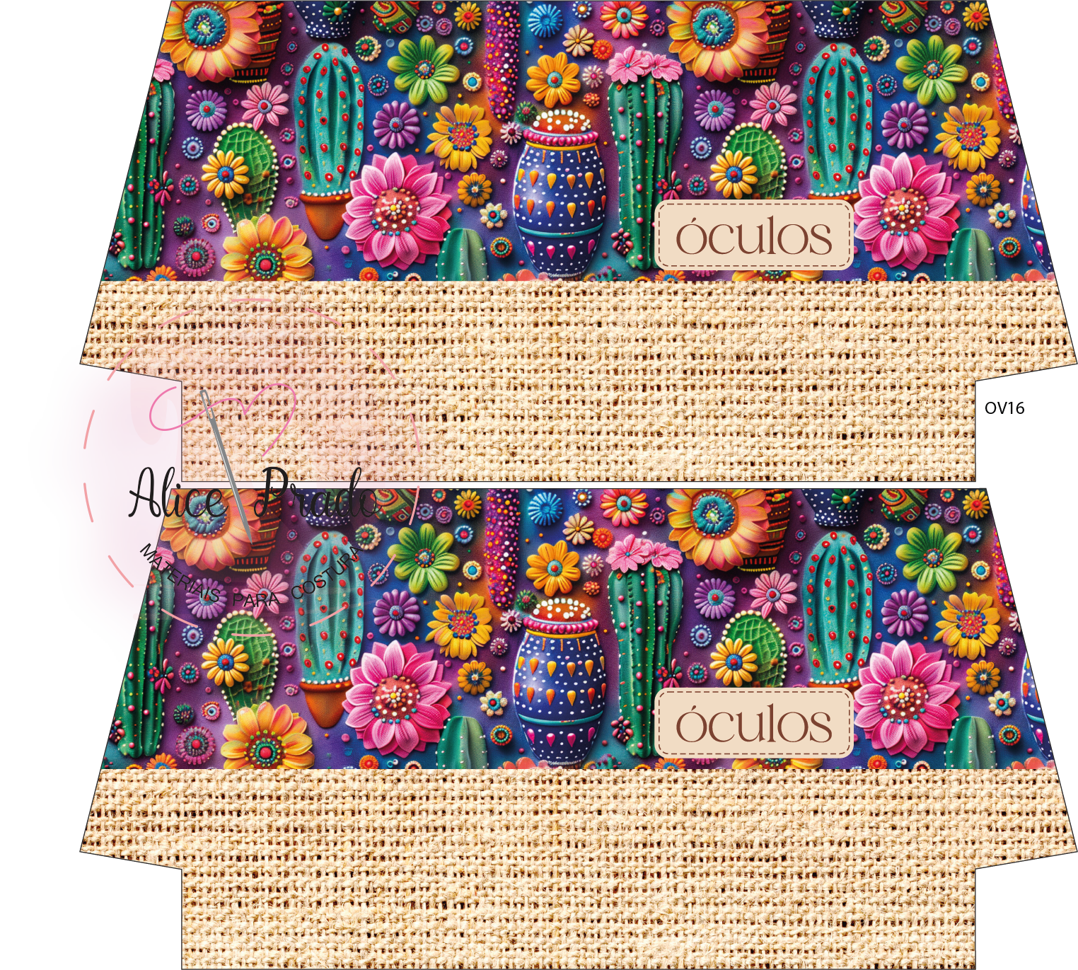 Capas para óculos com padrão colorido de cactos e flores e faixa inferior bege