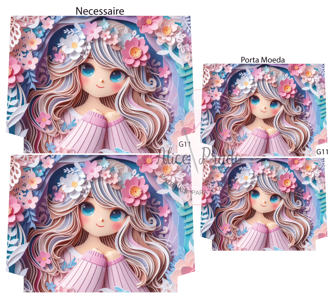 Necessaire e porta moeda com estampa de menina com flores e cores pastel