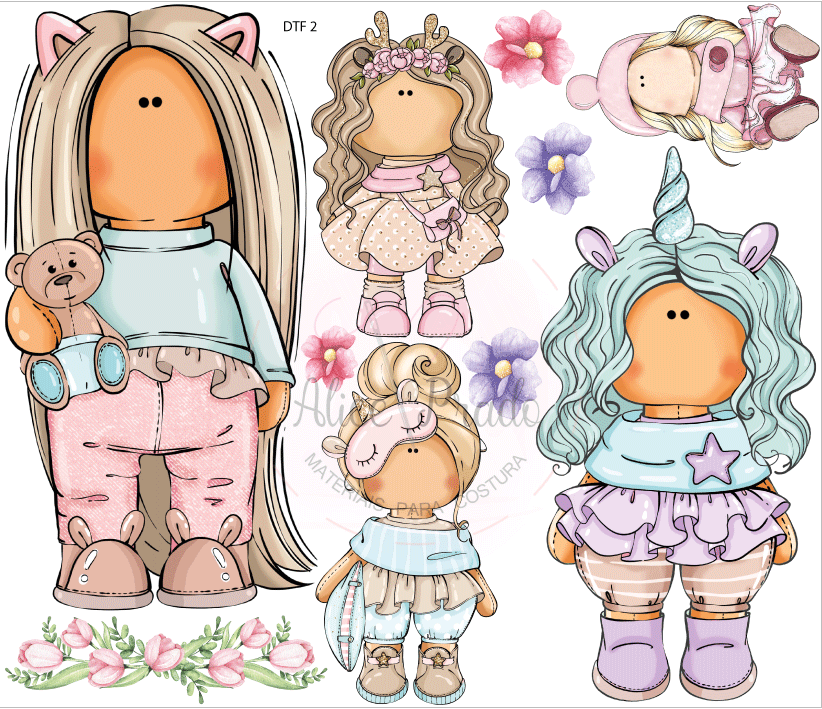 Ilustração digital de cinco bonecas estilizadas com roupa pastel e flores decorativas