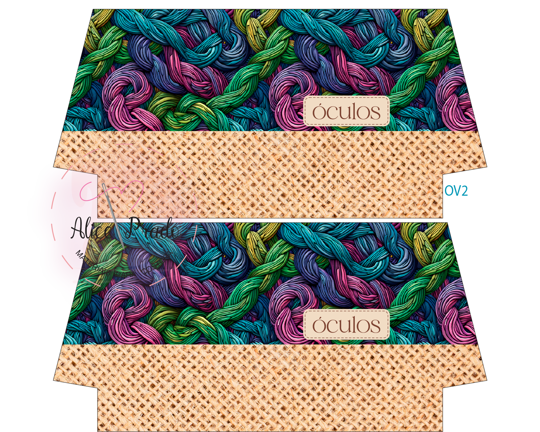 Caixa para óculos com padrão colorido de fios entrelaçados e etiqueta 