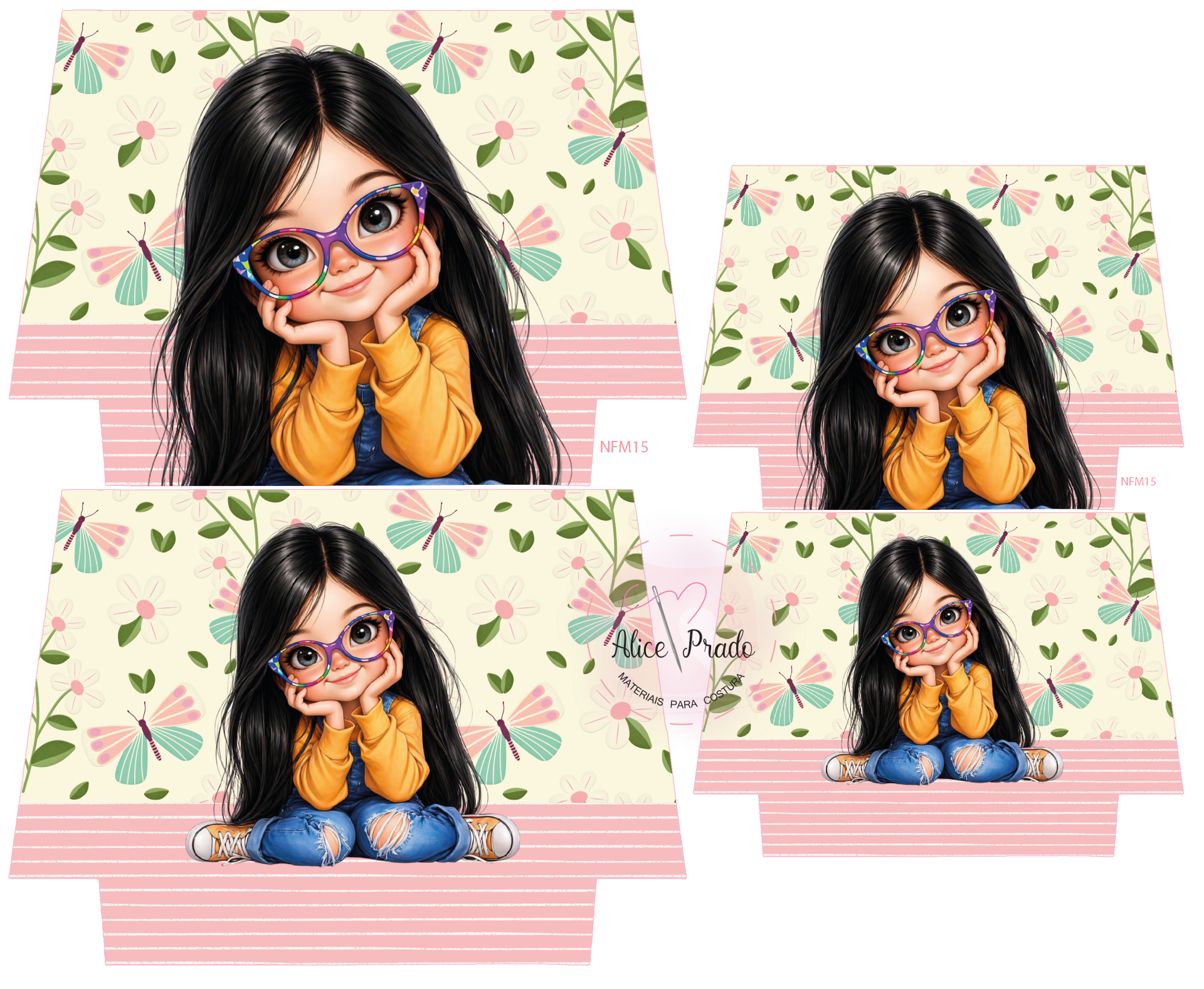 Ilustração de menina com óculos, cabelo preto e vestuário casual em fundo floral e riscas rosa