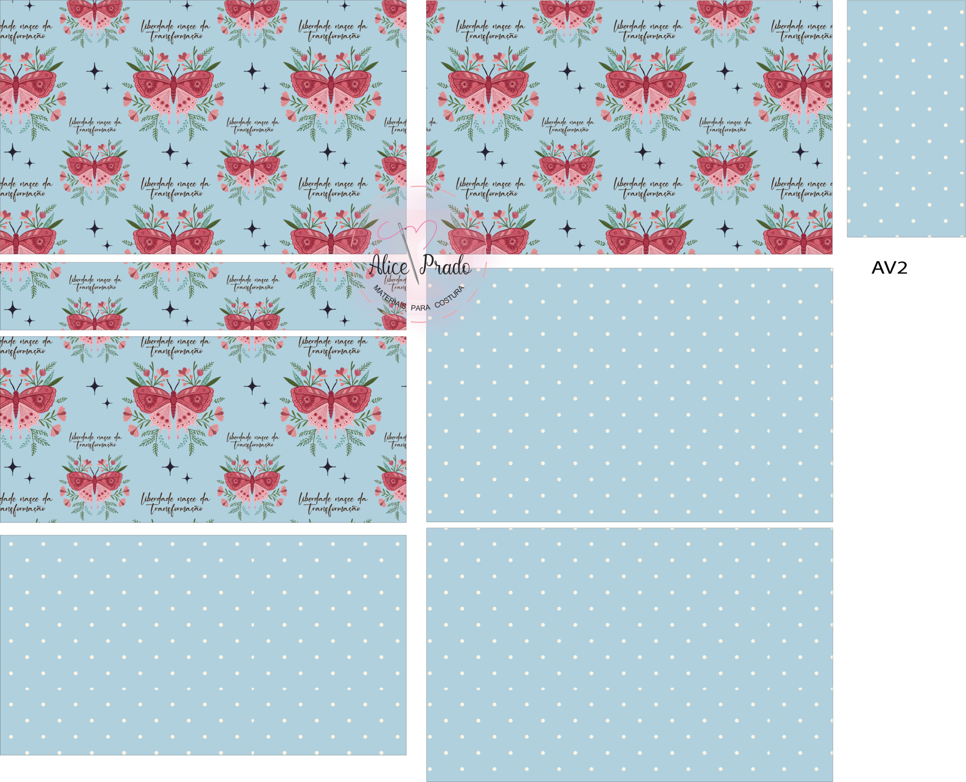 Tecido estampado com borboletas rosa, flores e texto em fundo azul claro e padrão de bolas brancas