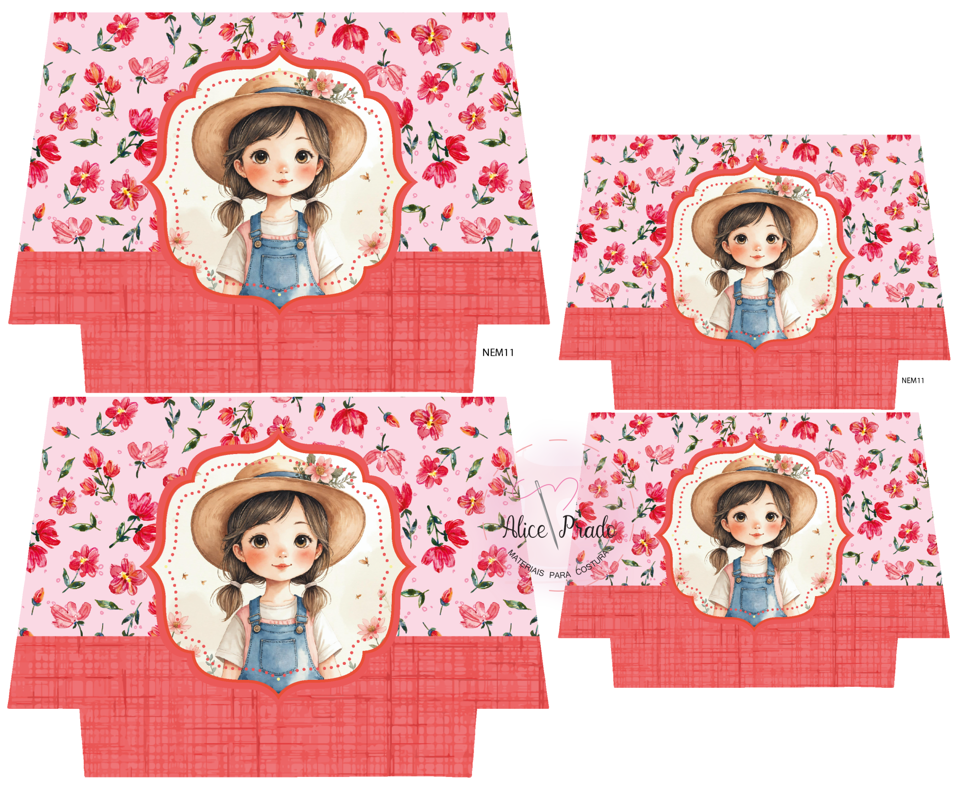 Caixa de papelão com padrão floral e ilustração de menina com chapéu