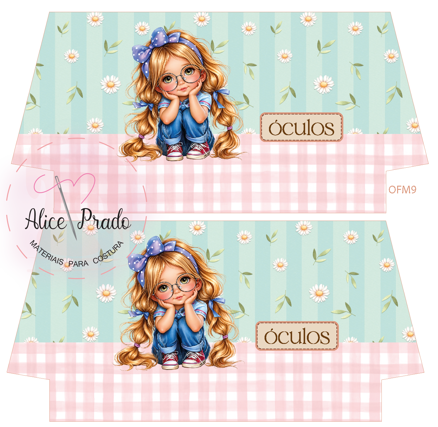 Tecido com ilustração de menina loira com óculos, fundo azul às riscas e flores, faixa rosa xadrez e texto óculos