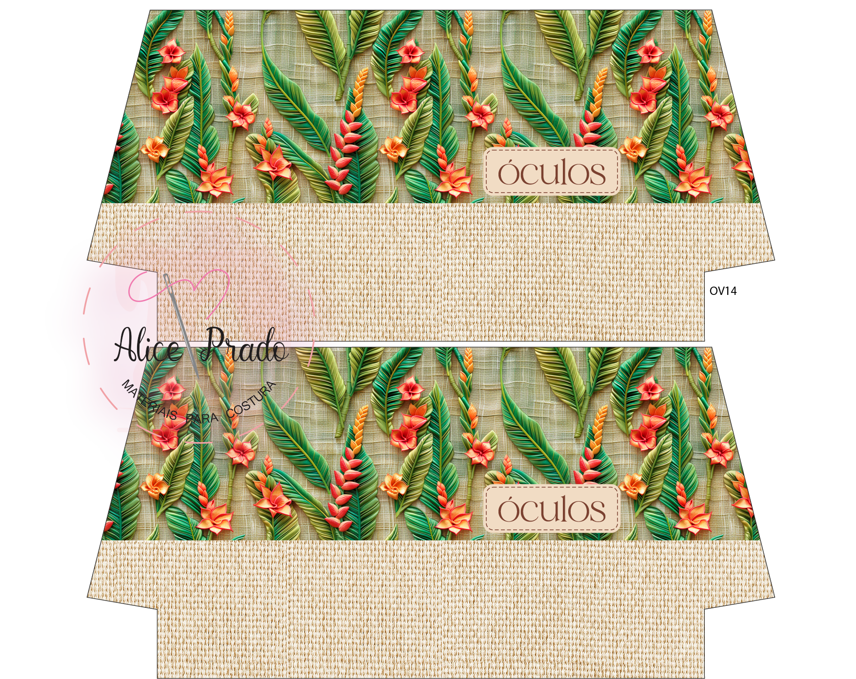 Design embalagem óculos folhas verdes e flores vermelhas com fundo bege e texto ÓCULOS