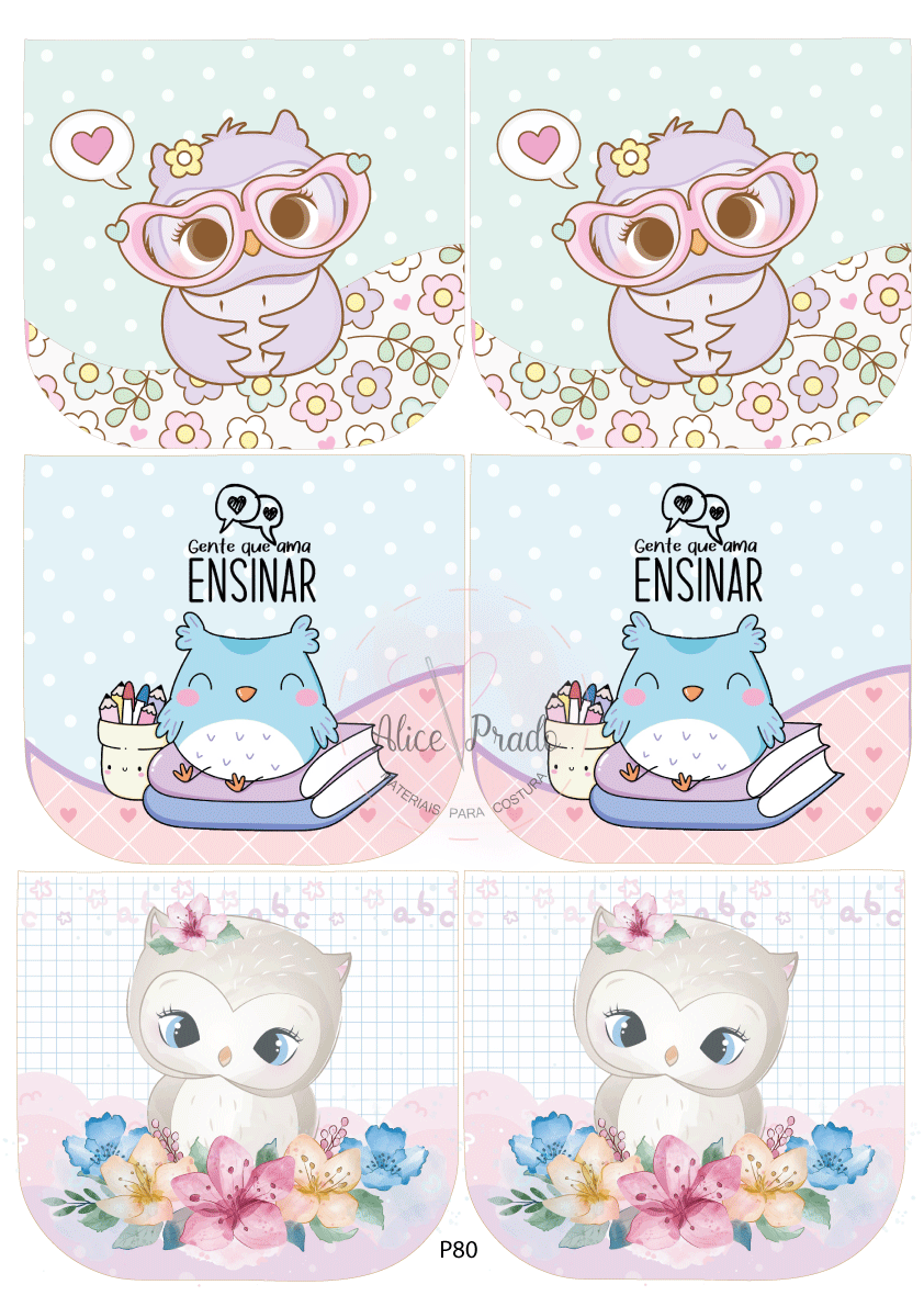 Adesivos decorativos com corujas, flores e texto em tons pastel