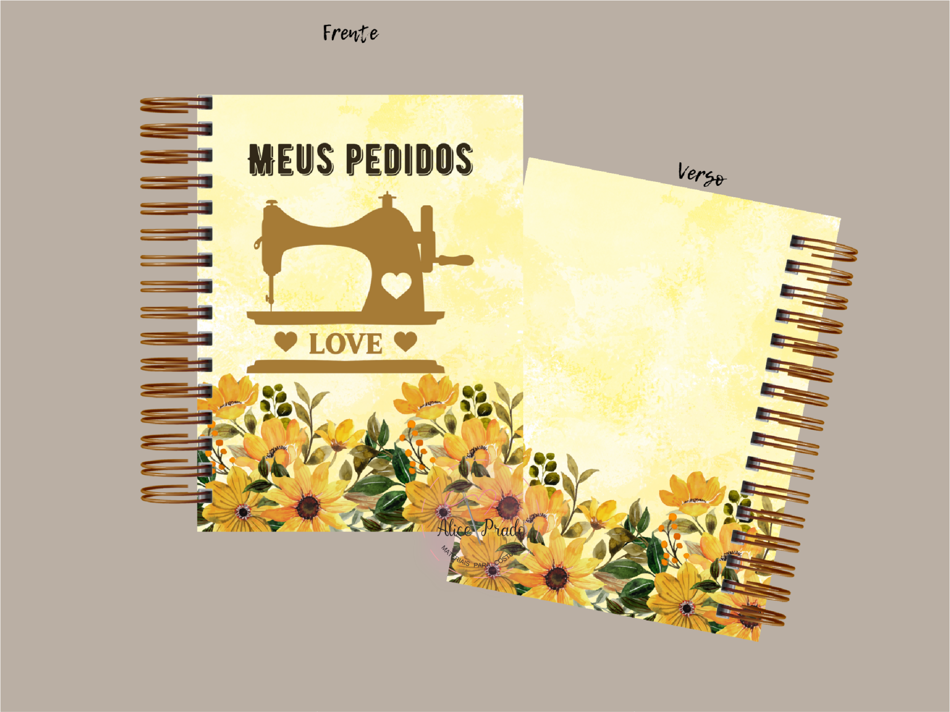 Caderno amarelo com máquina de costura e flores amarelas