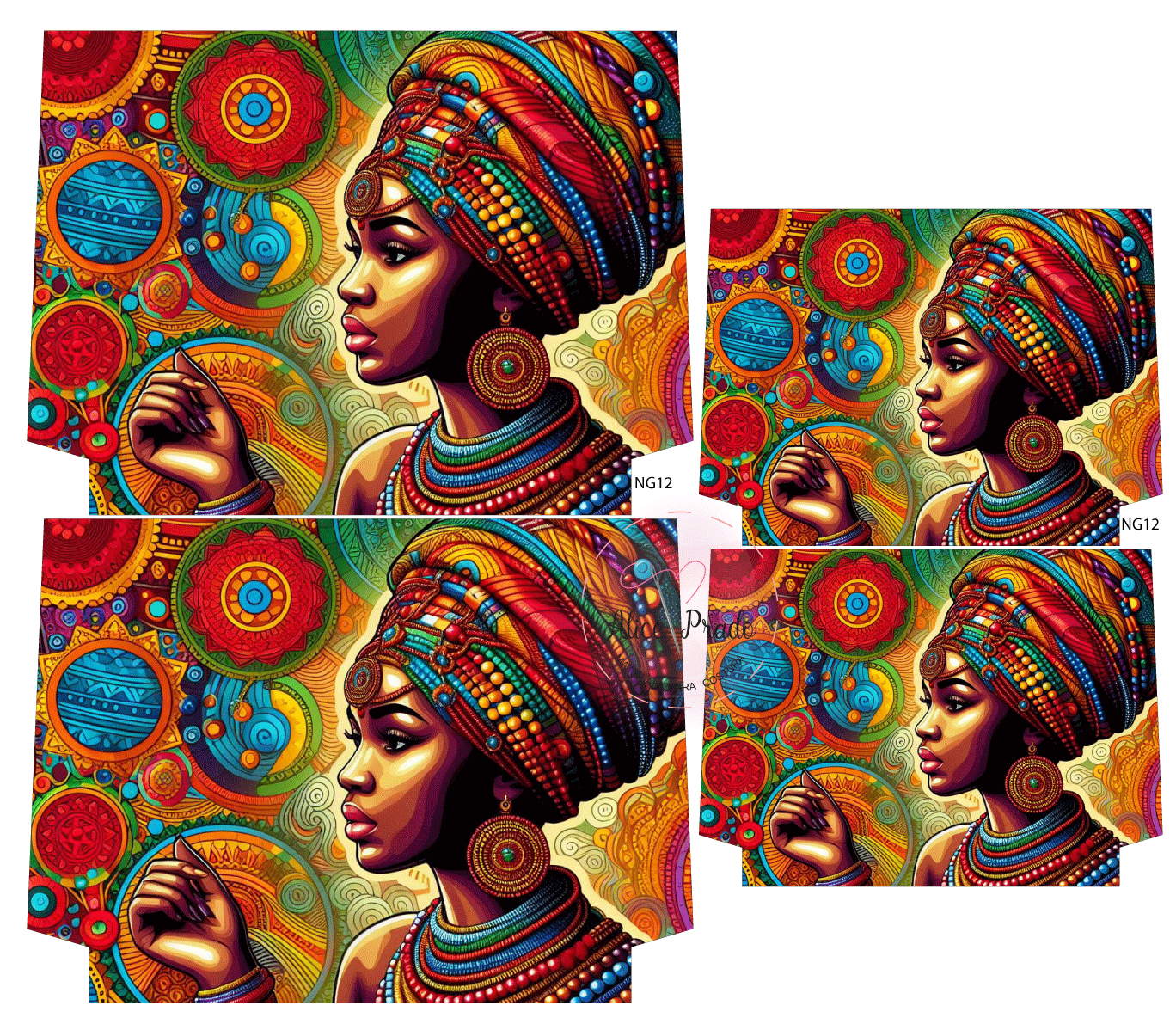 Retrato colorido de mulher africana com turbante e padrões circulares vibrantes