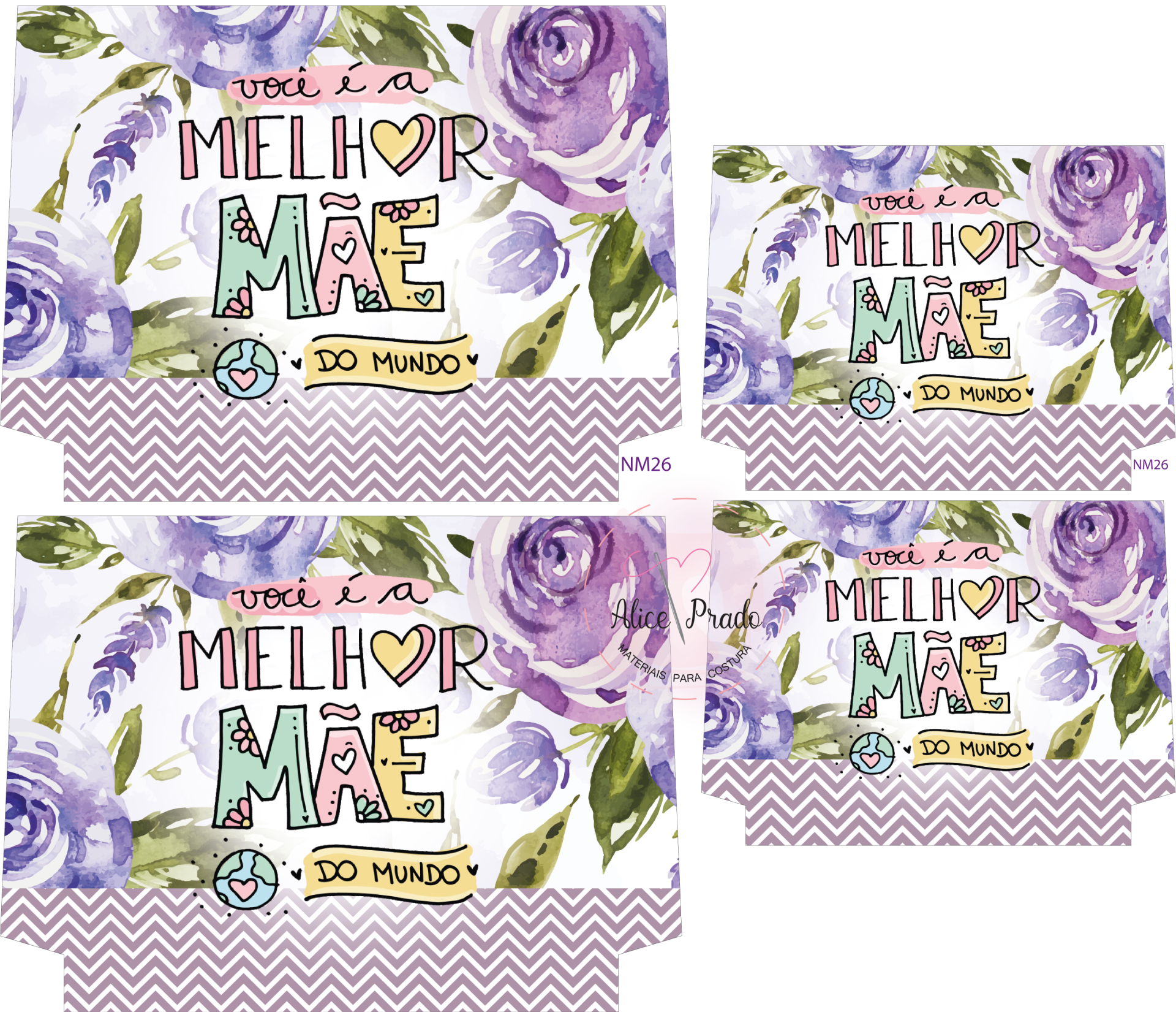 Embalagens decorativas com flores roxas e texto em português celebrando a mãe