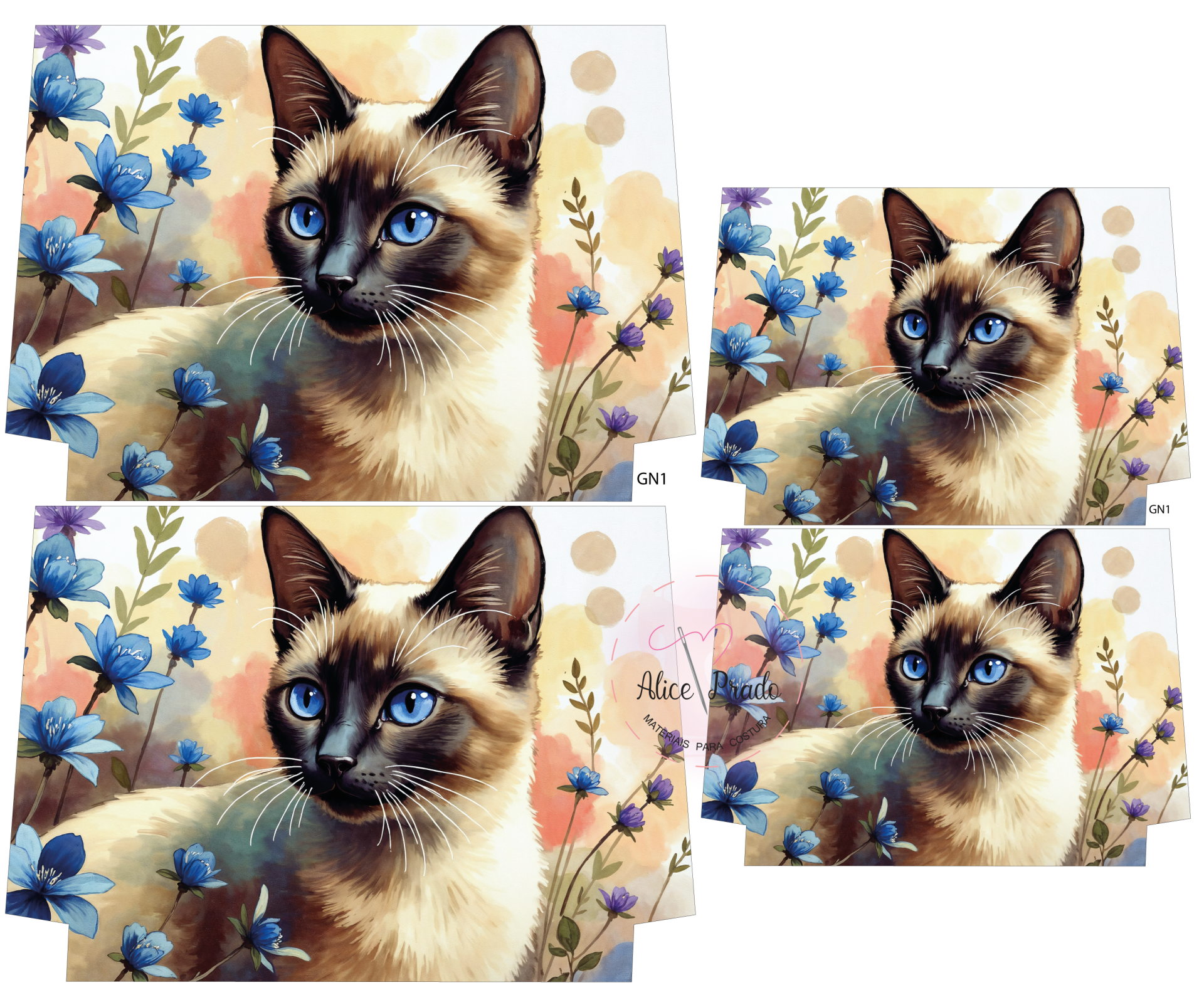 Impressões de tecidos com imagem de gato Siamês azul e flores