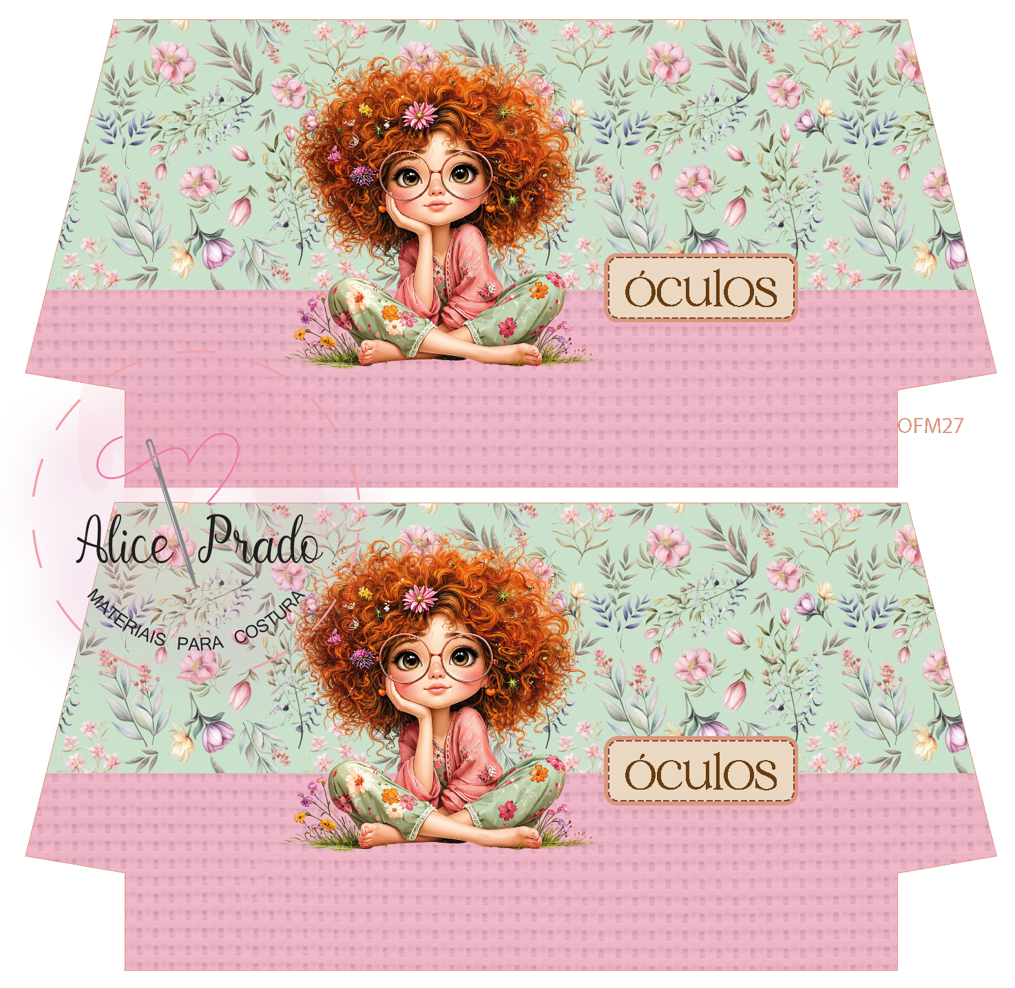 Caixa para óculos com desenho de menina ruiva de óculos e padrão floral