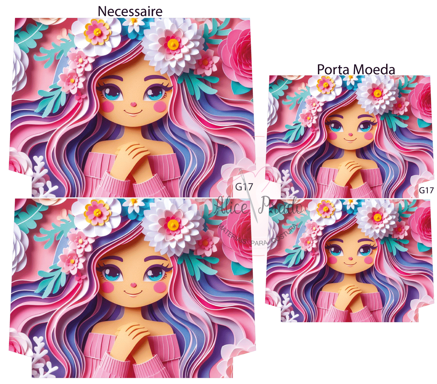 Nécessaire e porta-moedas coloridos com ilustração de rapariga e flores