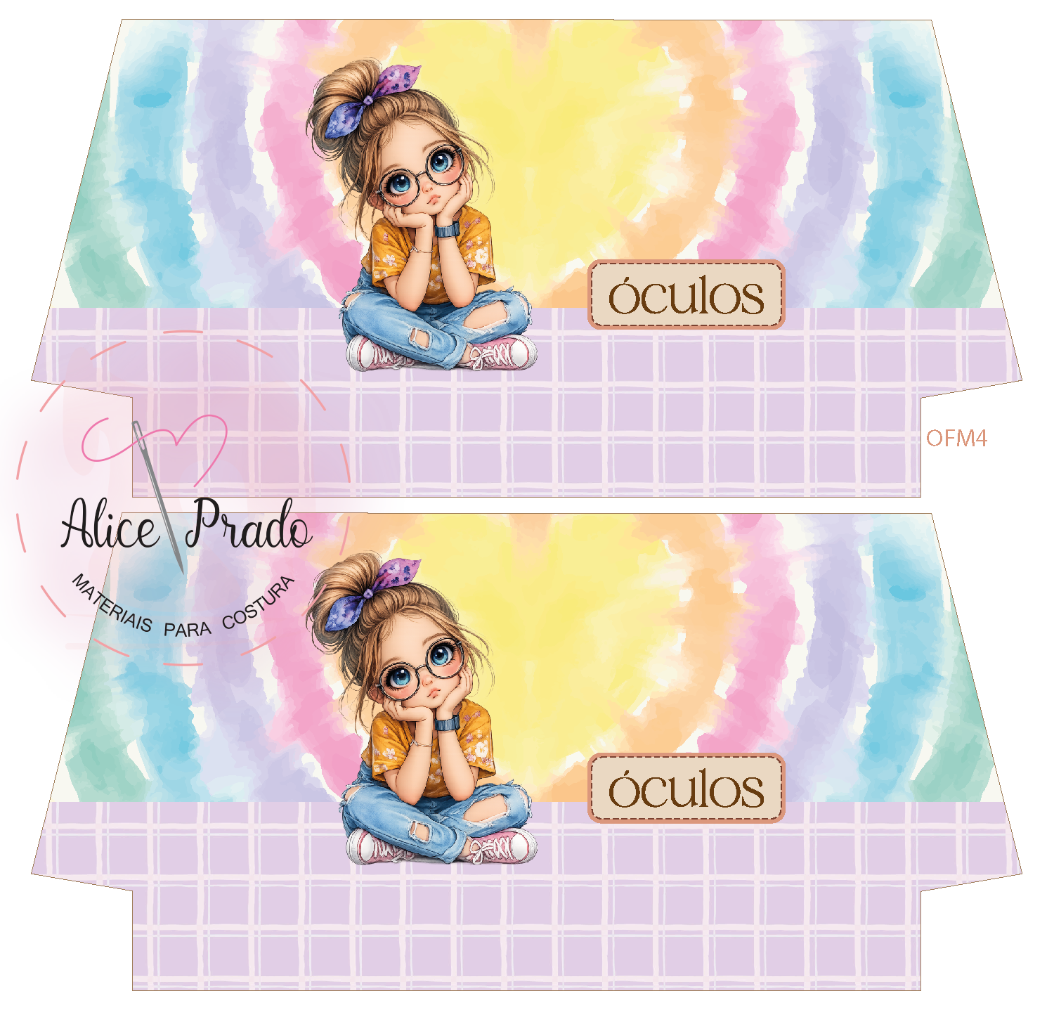 Tecido colorido para costura com ilustração de menina com óculos e fundo em aquarela colorida