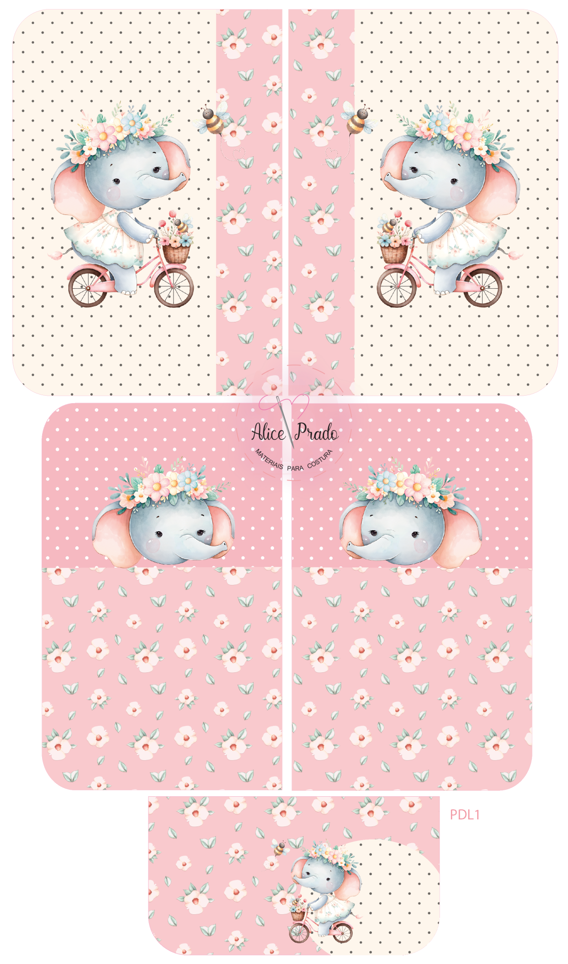 Impressão para tecido com elefante azul em bicicleta e padrões florais rosa e creme com bolinhas
