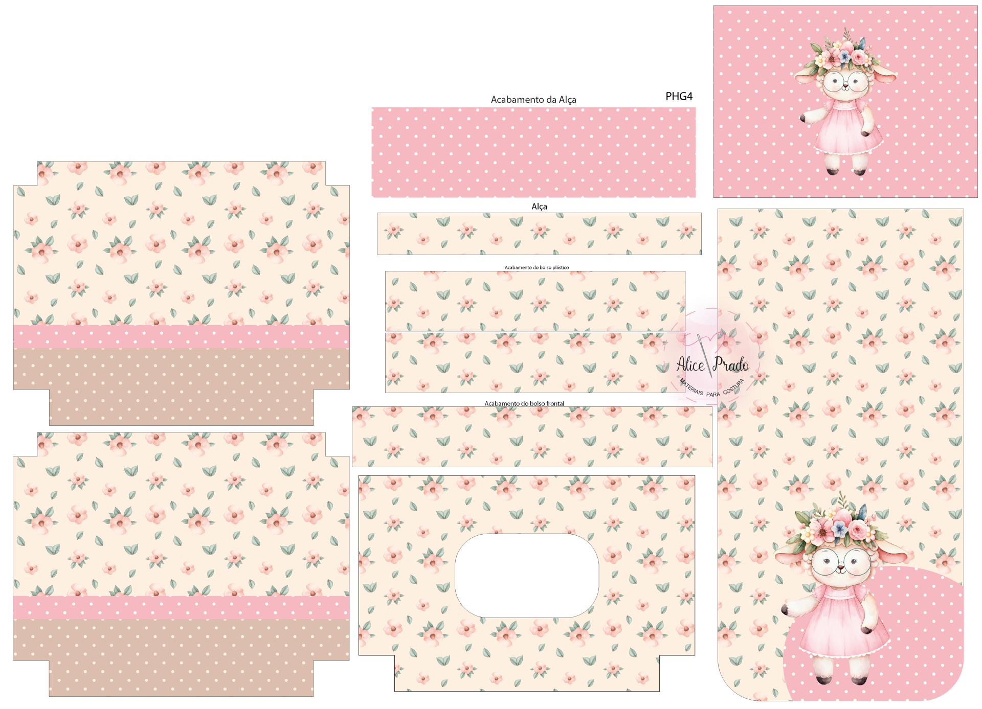 Folhas de papel com padrões florais e ilustração de cordeiro para montagem de saco