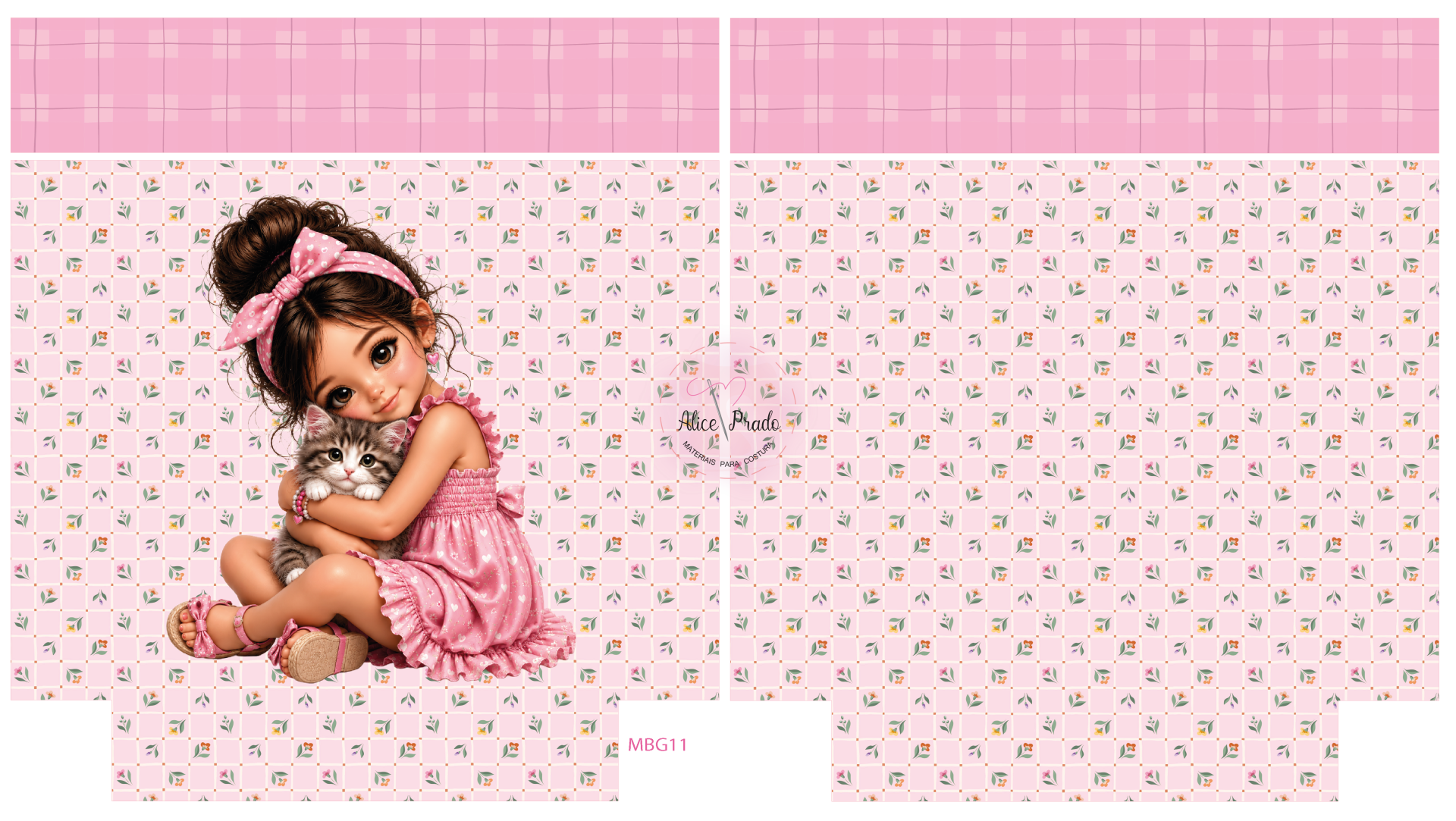 Tecido rosa com padrão floral, menina em vestido rosa e gato cinzento, texto MBG11