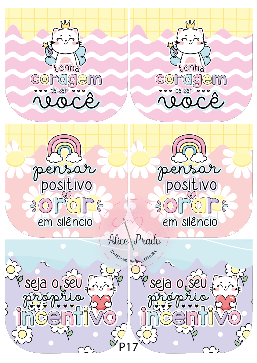 Etiquetas coloridas com desenhos infantis e textos em português motivacionais para roupas.