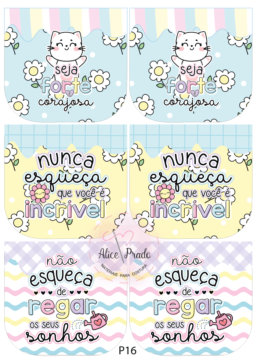 Etiquetas coloridas com mensagens motivadoras em português e ilustrações de gato, flores e regador