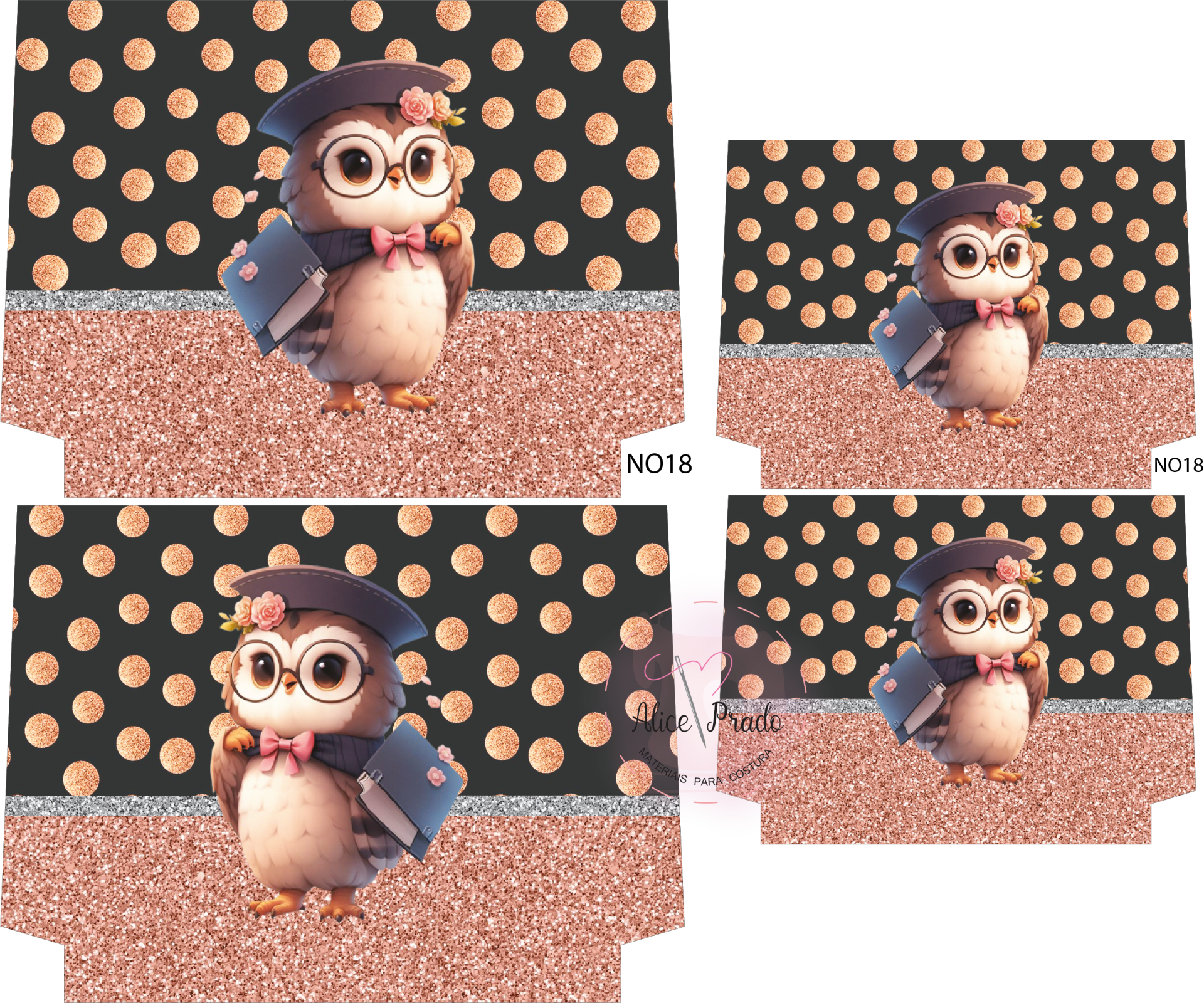 Embalagem dobrável com desenho de coruja académica e padrão de bolinhas cor de rosa