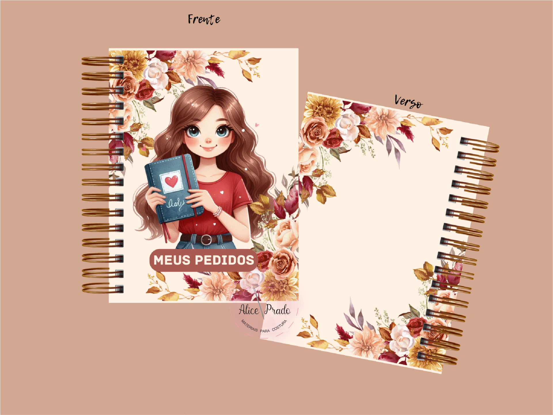 Caderno com capa dura e espiral dourada, decoração floral e ilustração de menina, texto MEUS PEDIDOS
