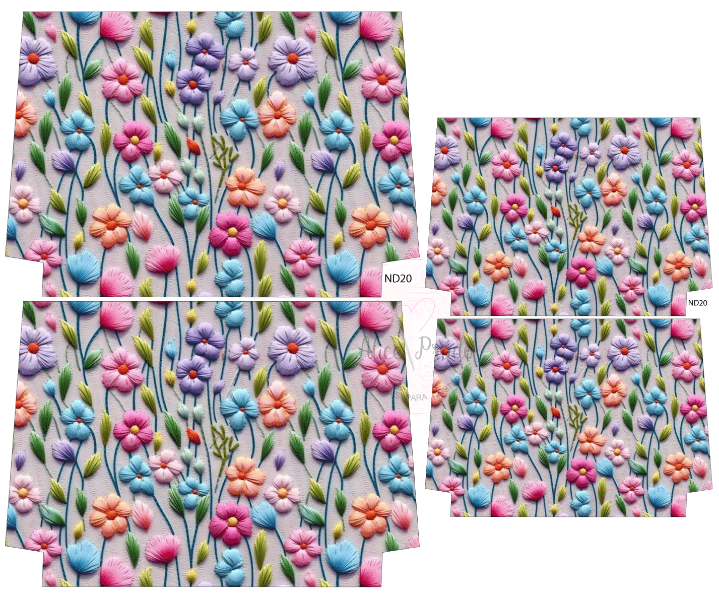 Tecido estampado com padrão de flores bordadas coloridas em fundo lilás claro