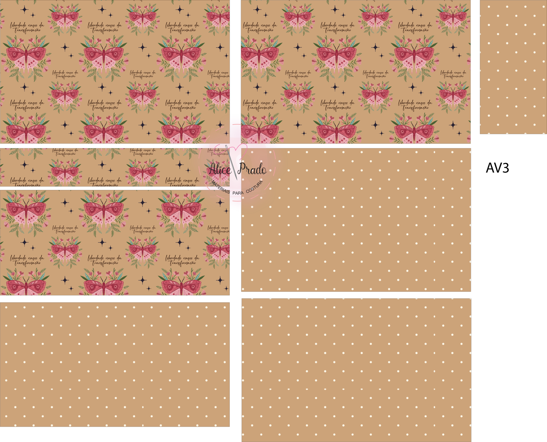 tecidos com padrão de borboletas rosa e bolinhas brancas sobre fundo castanho