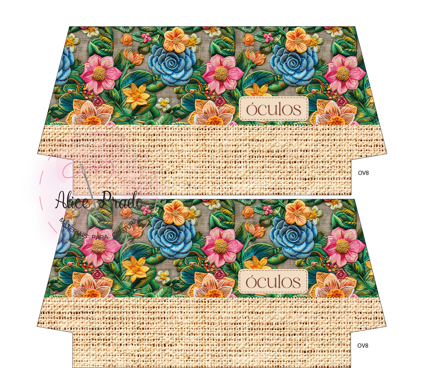 Padrão floral colorido com etiqueta escrito óculos e textura de juta